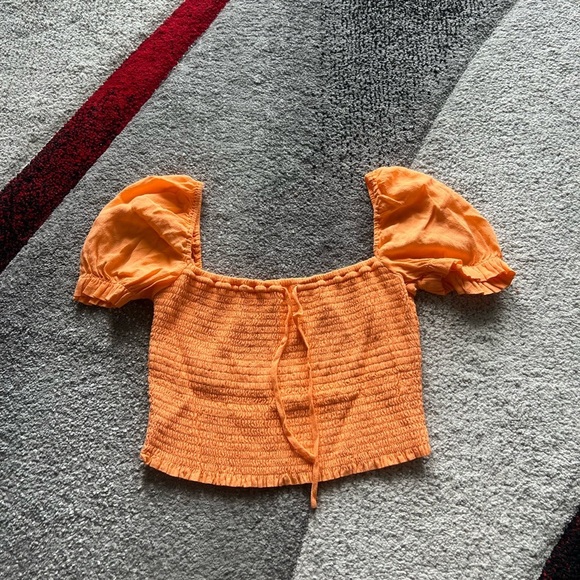 Wilfred Tangerine Orange Puff Sleeve Smocked Top - Picture 1 of 3